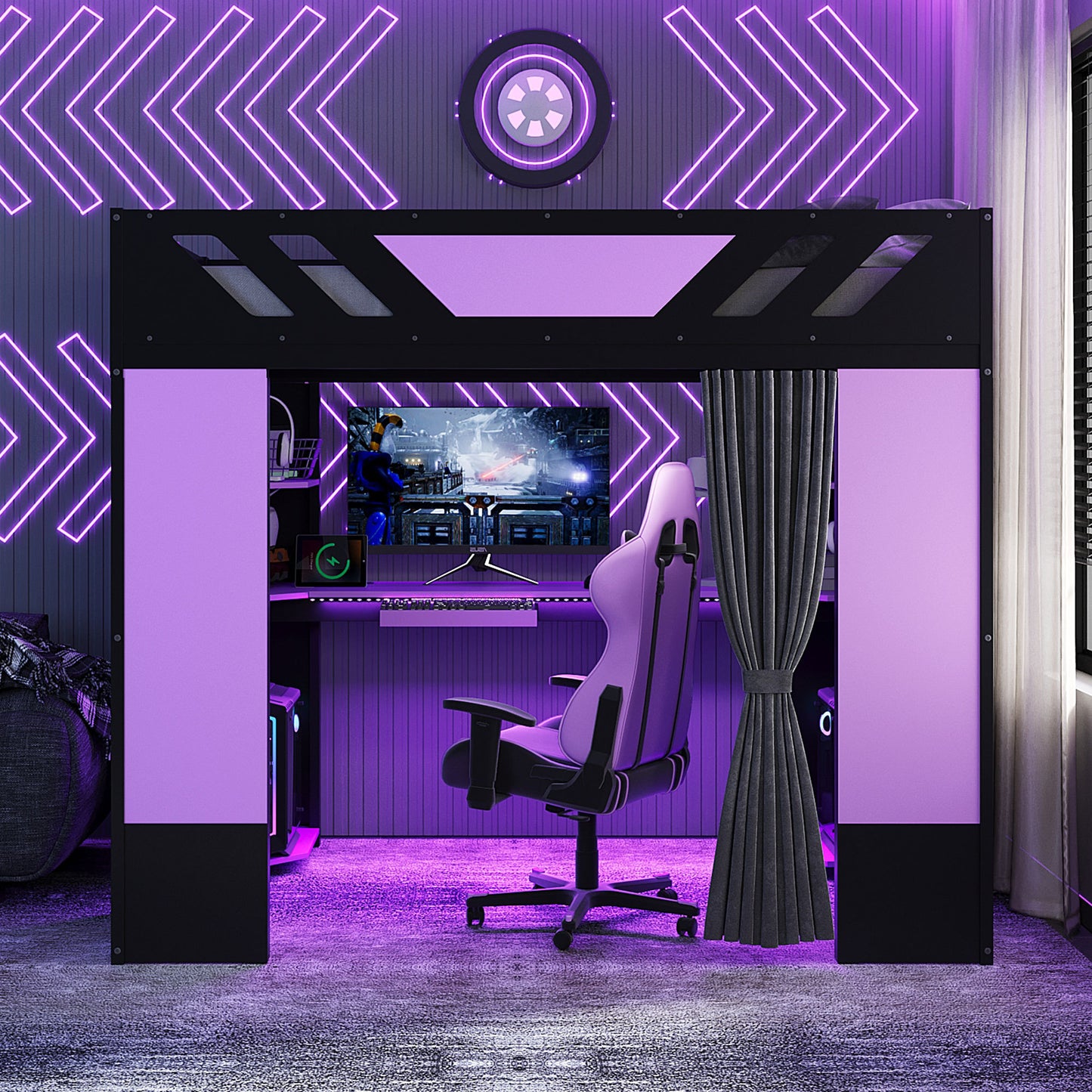 Full Size Wood Loft Bed with - Purple+black - detail view 2