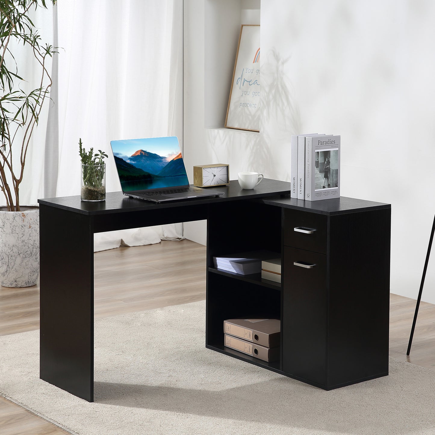 L Shaped Computer Desk, 180° Rotating Corner Desk with Storage Shelves, Black