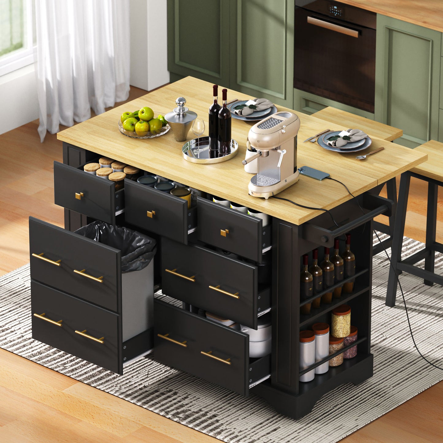 K&k Kitchen Island with 6 Drawers - Black - primary color shot