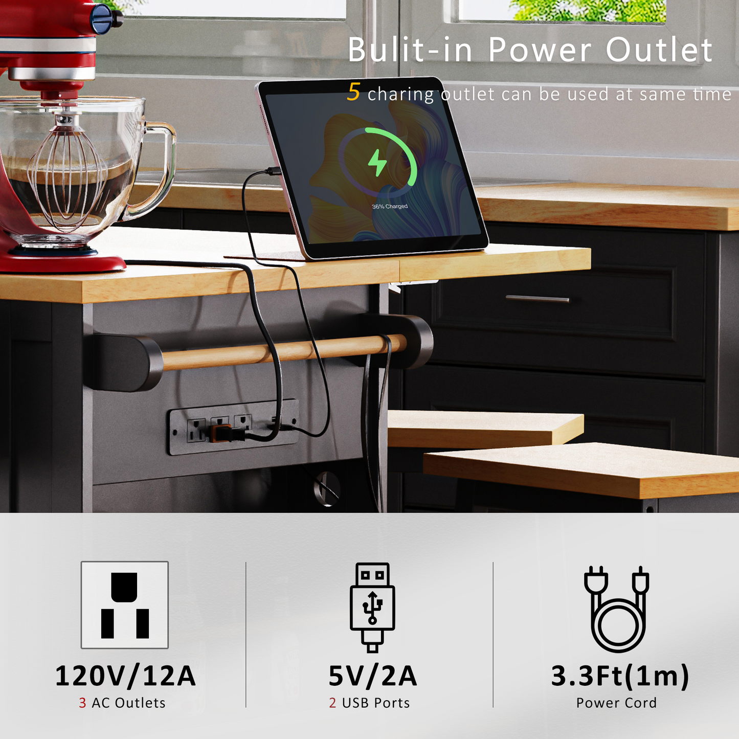 K&k 53" Large Kitchen Island with 2 Bar Stools - Black - detail view 7