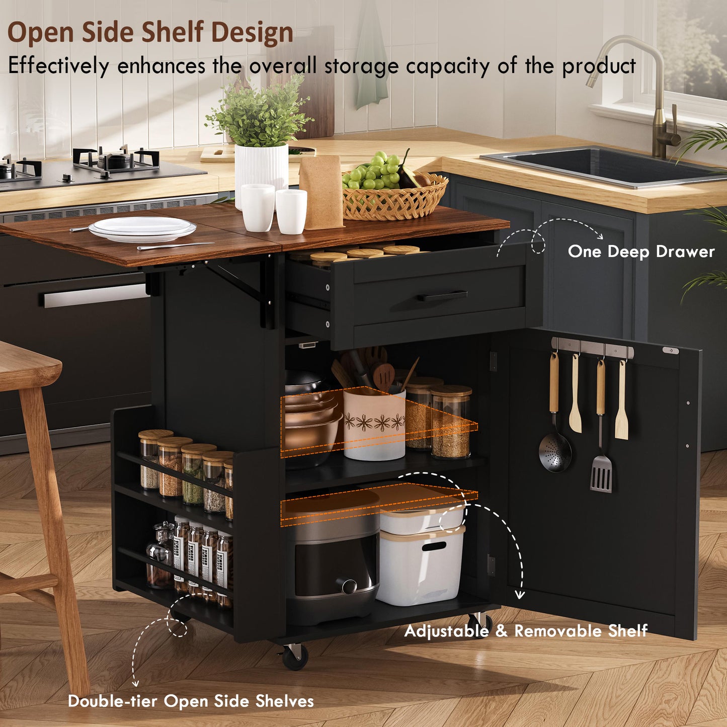 K&k 39.3' Farmhouse Kitchen Island with Drop Leaf - Black - detail view 6
