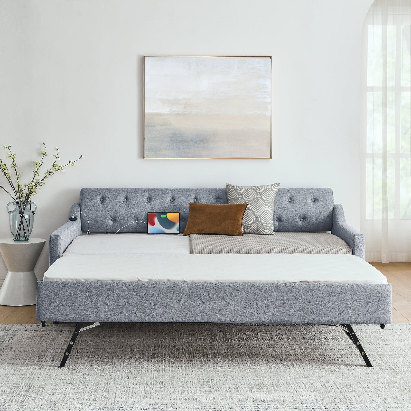 Piper Twin Size Linen Daybed with Pop-up Trundle, Gray