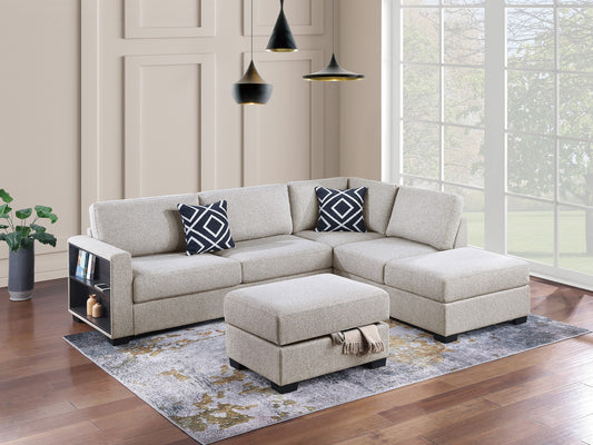 3-Piece Reversible Sectional w Storage Ottoman Functional Storage Sofa w Shelf Reversible Chaise Beige Color Living Room Furniture - primary color shot