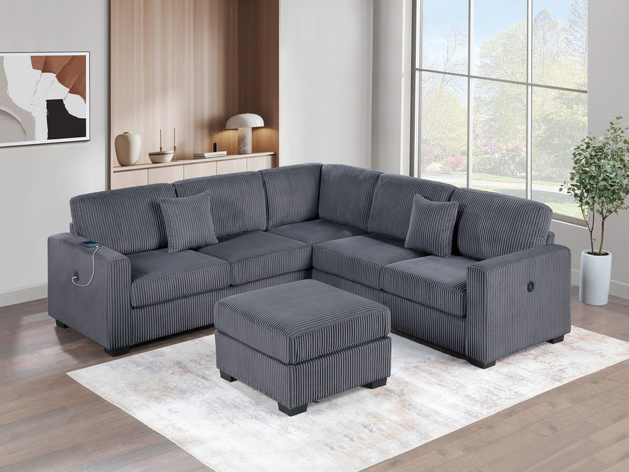 Living Room Corduroy Upholstered Dark Gray 4pc Sectional Set RAF/LAF One-Arm Loveseat W/USB, Corner Wedge, Cocktail Ottoman Cushion Couch - primary color shot