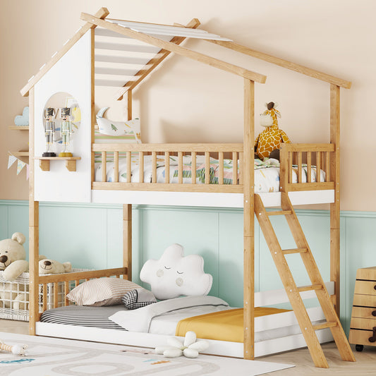 Winslow Twin Over Twin Bunk Bed Wood Bed with Roof, Window, Ladder,Natural