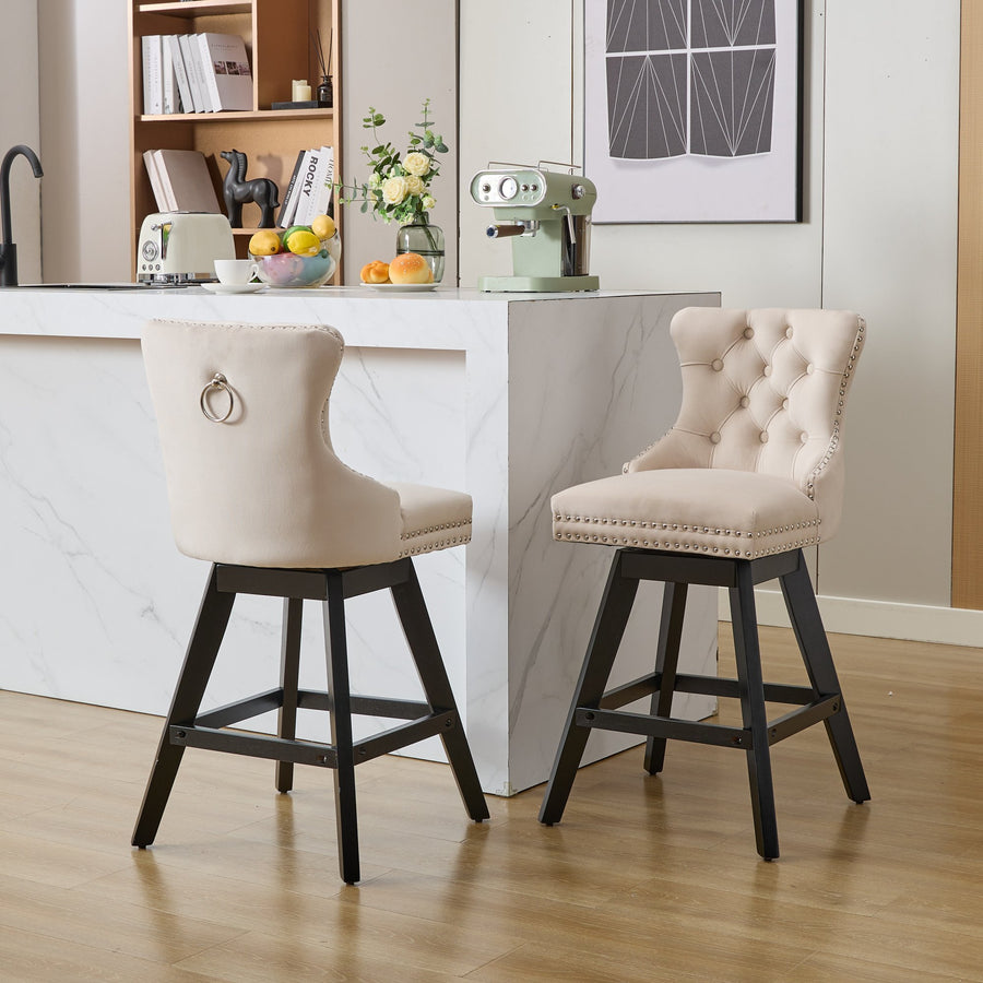 Beige Fabric Tufted Nailhead Trim Bar Stool with Silver Legs (Set of 2)