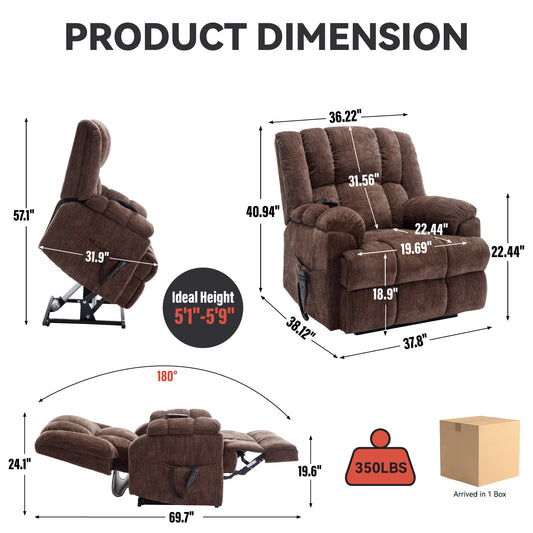 Dual Motor Heat Massage Infinite Position Up to 350 LBS Electric Power Lift Recliners with Power-Remote - Brown - detail view 2