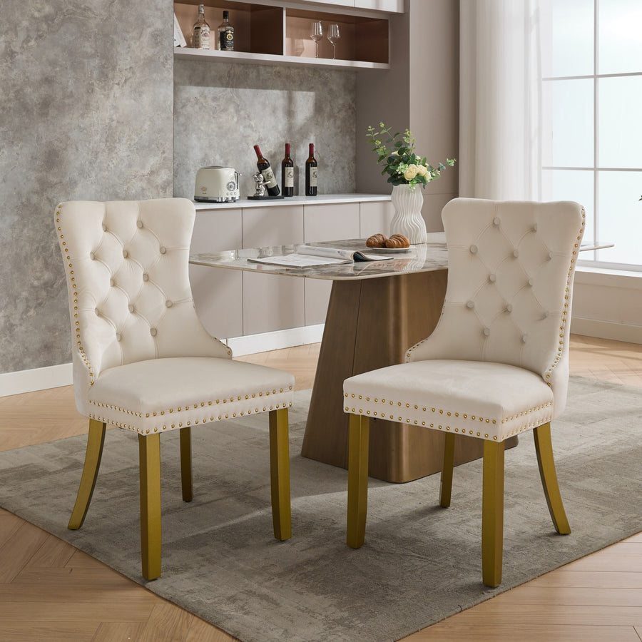 Milk White Velvet Tufted Nailhead Trim Dining Chairs with Gold Legs (Set of 2)