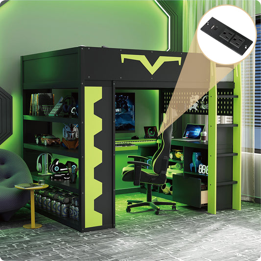 Full Size Gaming Loft Bed with Integrated Desk & RGB LED Lights - Green - primary color shot