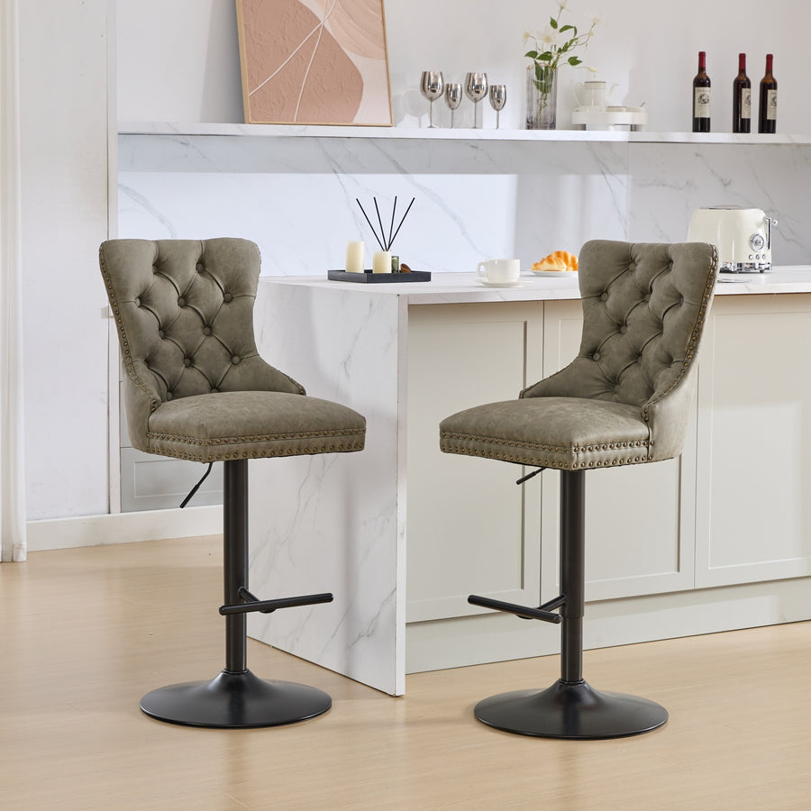 Olive Green PU Leather Tufted Bar Stool with Black Legs (Set of 2)