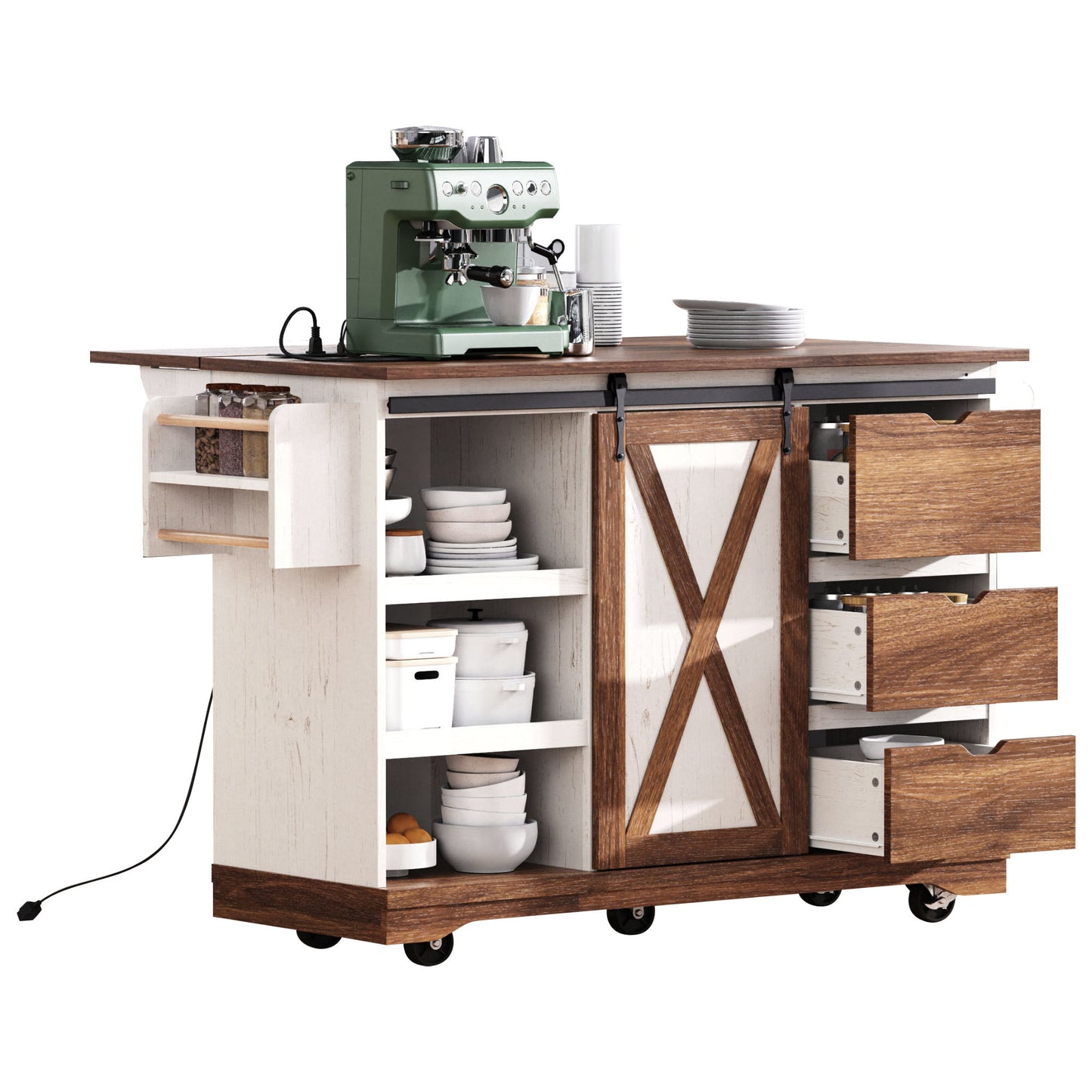 K&k 55.5' Farmhouse Kitchen Island with Drop Leaf - White - detail view 6