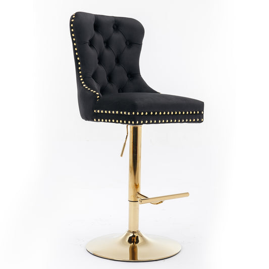 Black Velvet Tufted Bar Stool with Black Legs (Set of 2)