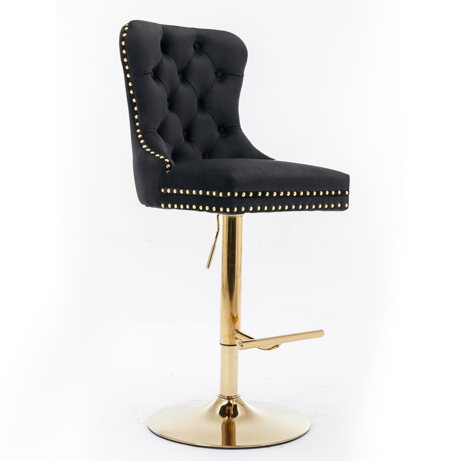 Black Velvet Tufted Bar Stool with Black Legs (Set of 2)