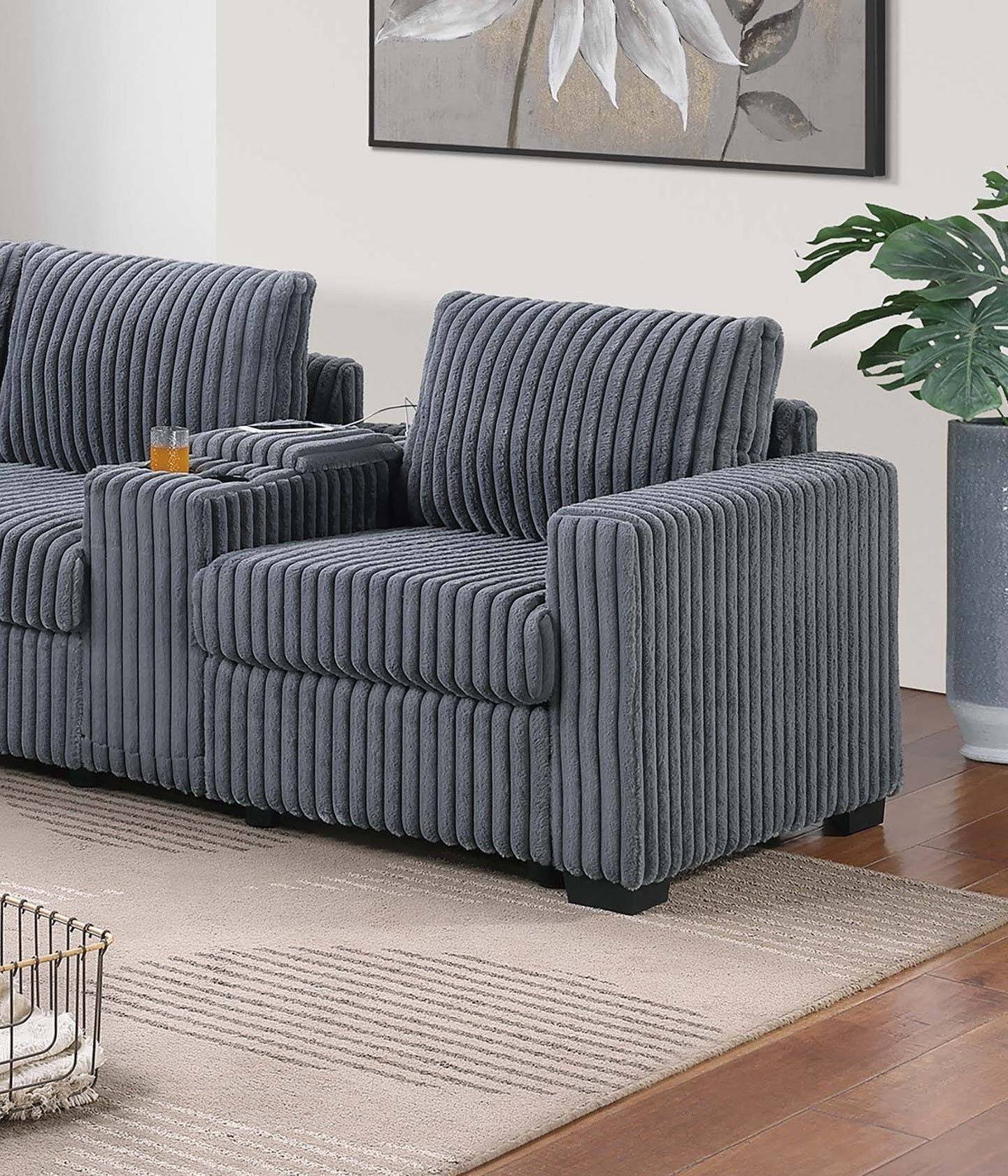 Modern Style L-Shape 4pc Sectional Set Dark Gray Finish Reversible Loveseat USB Ports Cup Holder Armless Chair Plastic Legs Corduroy Upholstered Primary - detail view 3