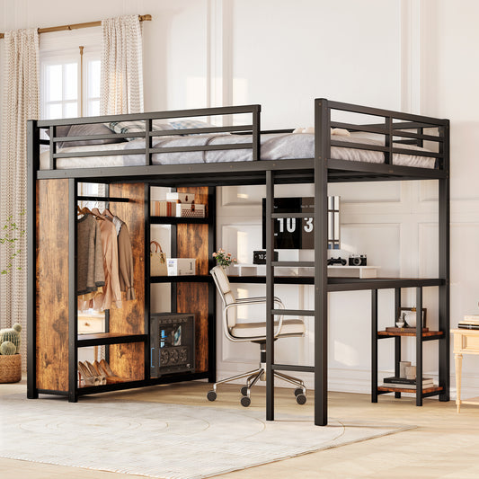 Queen Size Loft Bed Frame with Built-in Wardrobe - primary color shot