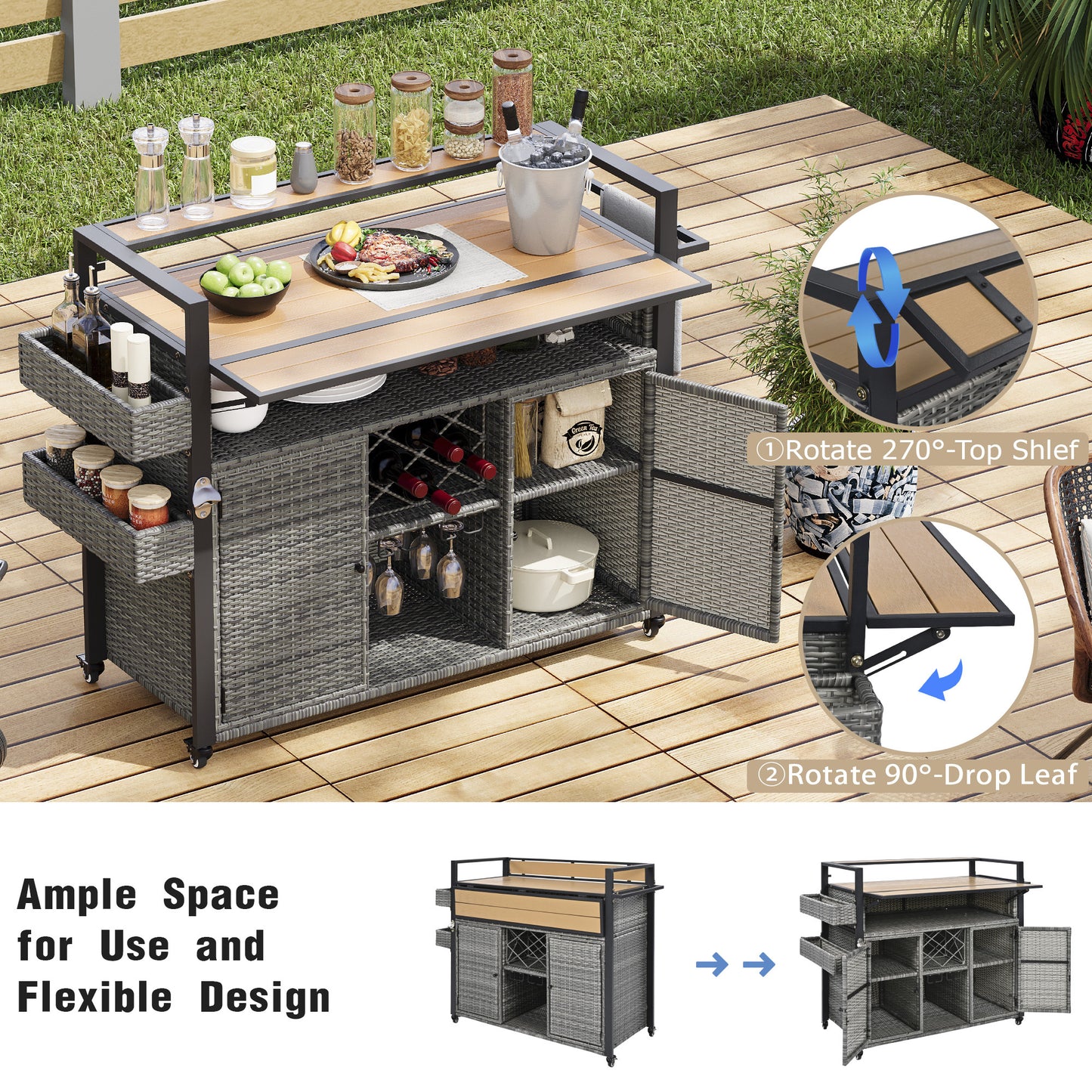 K&k 52.8'w Wicker Outdoor Grill Cart with Extended Plastic Wood Table Top - Grey - detail view 5