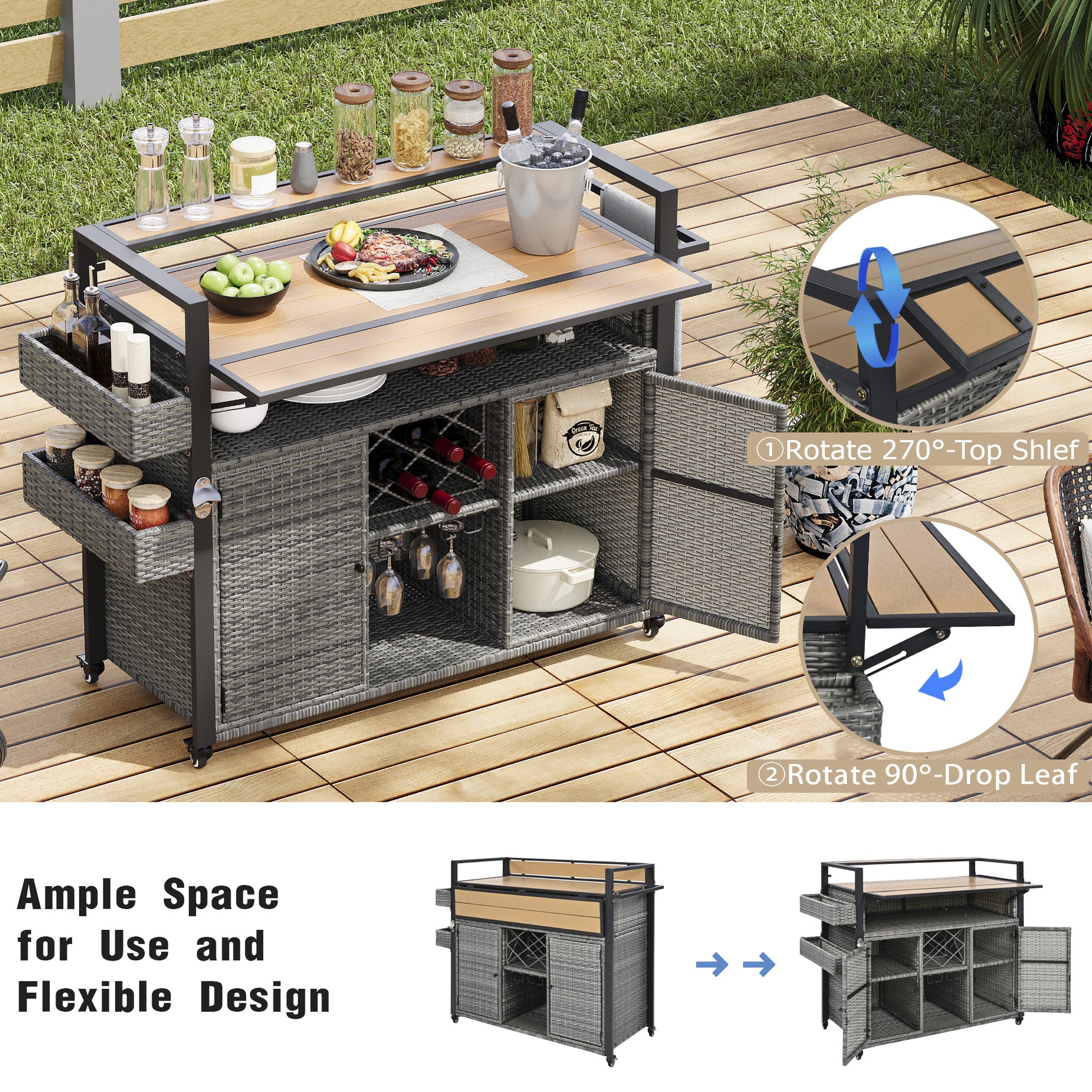 K&k 52.8'w Wicker Outdoor Grill Cart with Extended Plastic Wood Table Top - Grey - detail view 5