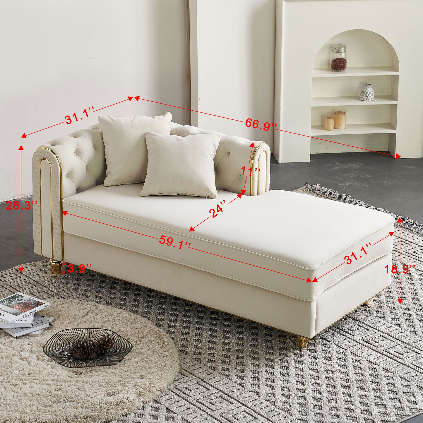 67" W Velvet Chaise Lounge - Beige - detail view 7