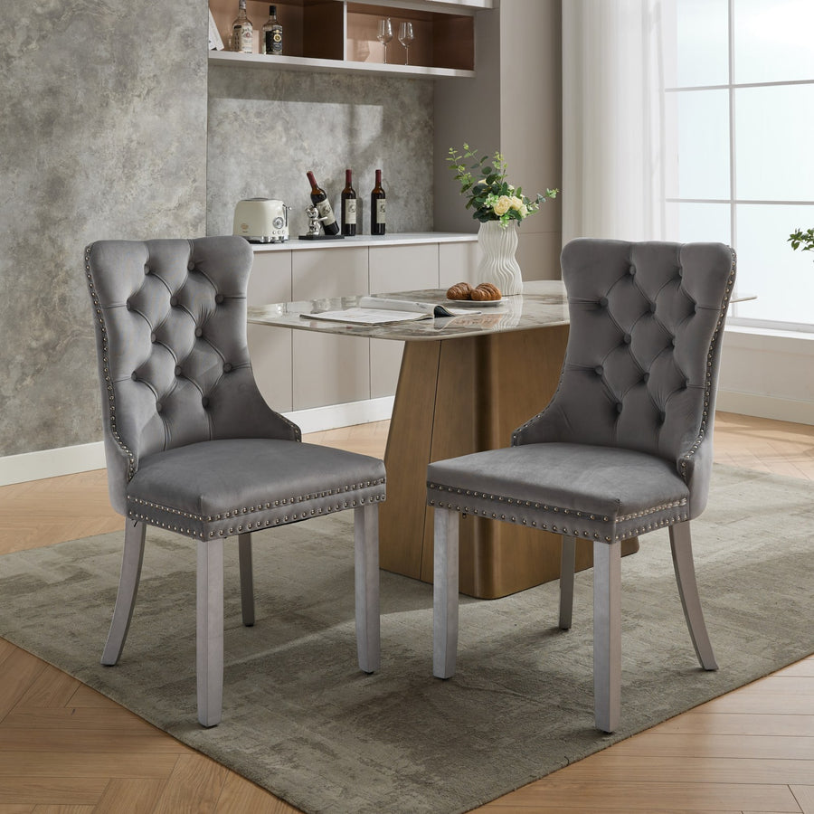 Light Gray Velvet Tufted Nailhead Trim Dining Chairs with Wood Legs (Set of 2)