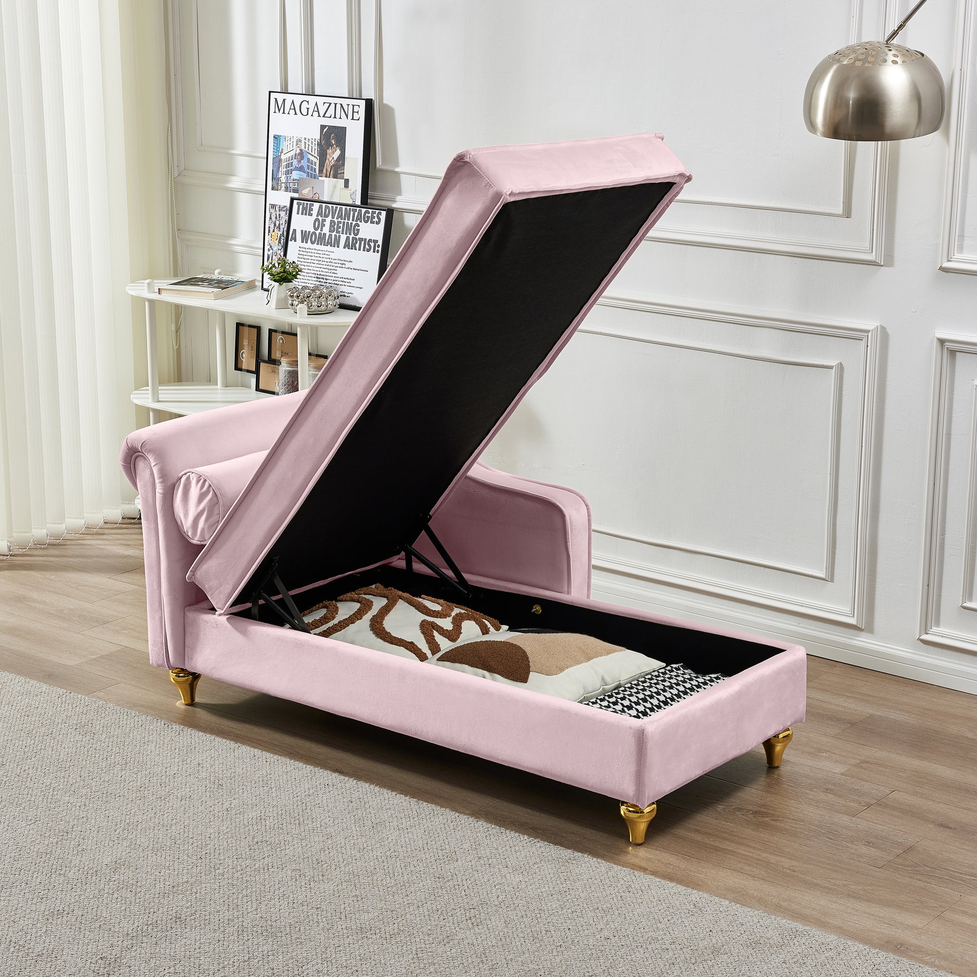 Modern Upholstery Chaise Lounge Chair with Storage Velvet (pink) - detail view 4