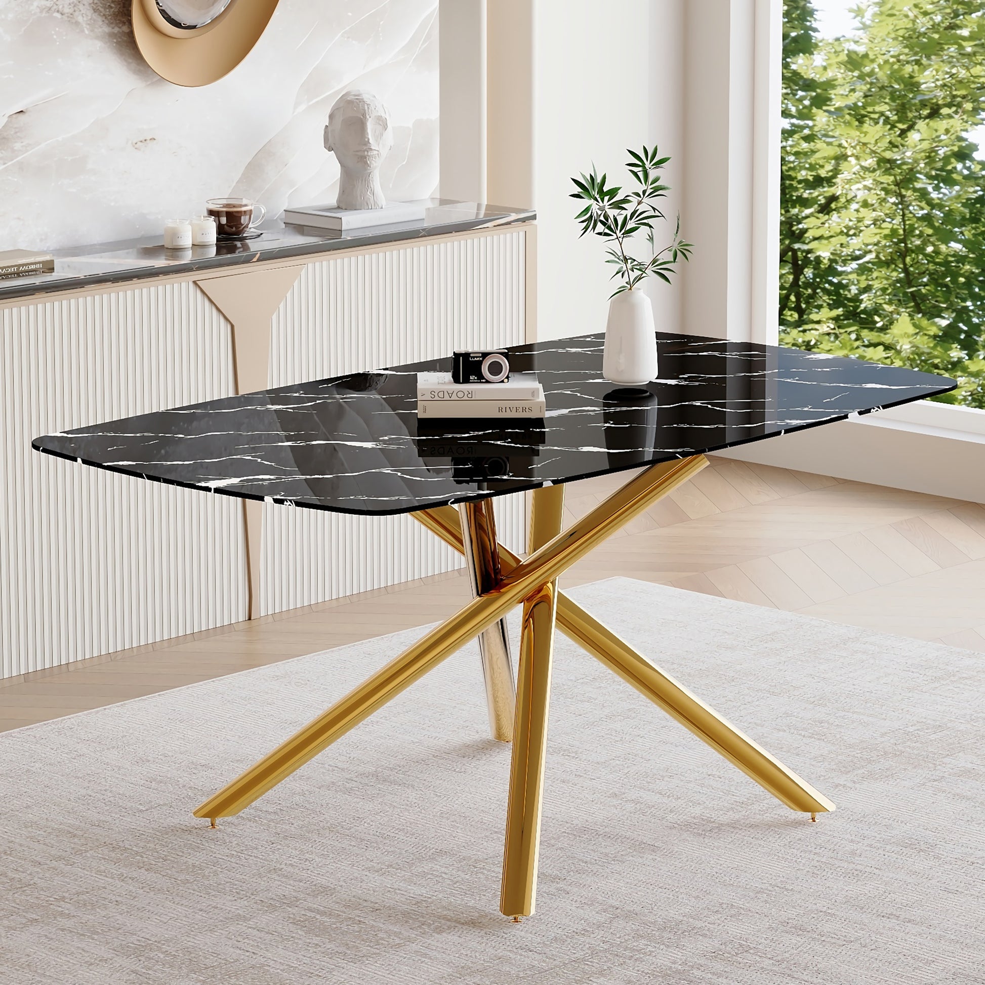 63" Luxurious Black Marble-Patterned Tempered Glass Dining Table.single Fork Golden Metal Table Legs.tempered Glass Table Top - Black & Gold - detail view 2