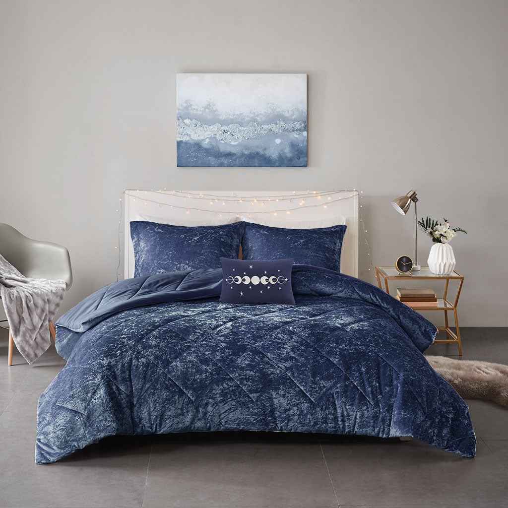 Navy Blue Velvet Comforter Set with Throw Pillow, Blue