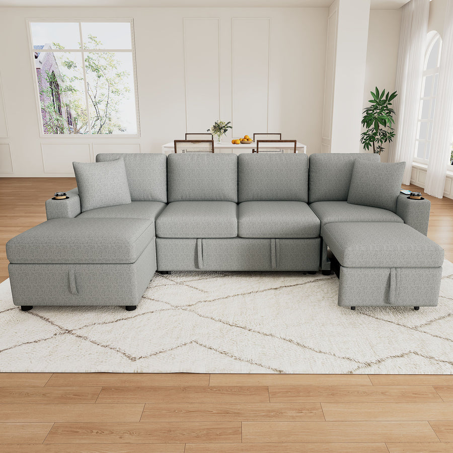 109.1' Sectional Sofa Convertible Pull-out Sofa Bed with Movable Storage Ottoman, Gray Chenille Fabric - detail view 6