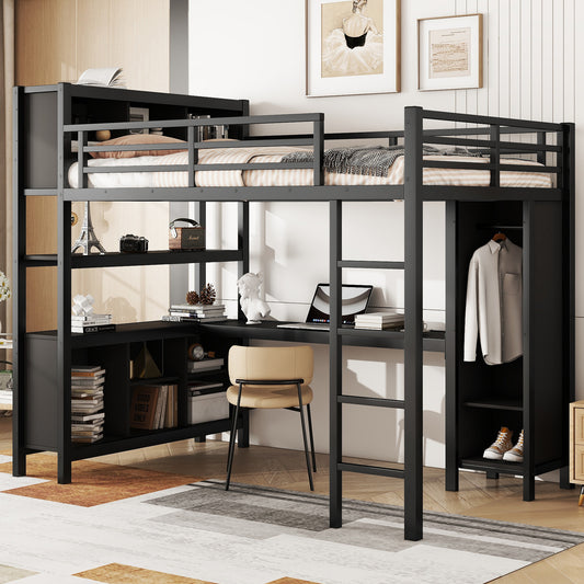 Metal Loft Bed with Wardrobe and L-Shaped Desk - Black - primary color shot