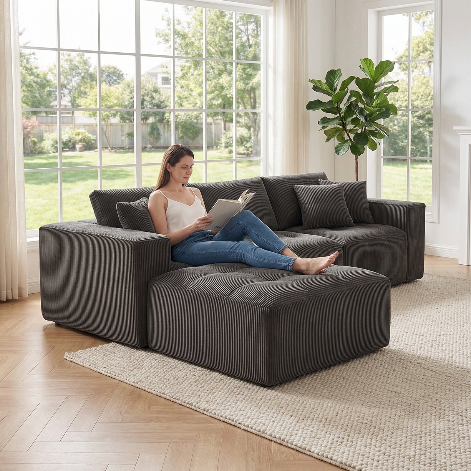 101' L-Shaped Modular Compression Sofa, 3-Seater Comfortable Cloud Sofa, Corduroy Fabric, with Movable Footrest, Free DIY Combination, Suitable for Living Room - detail view 3