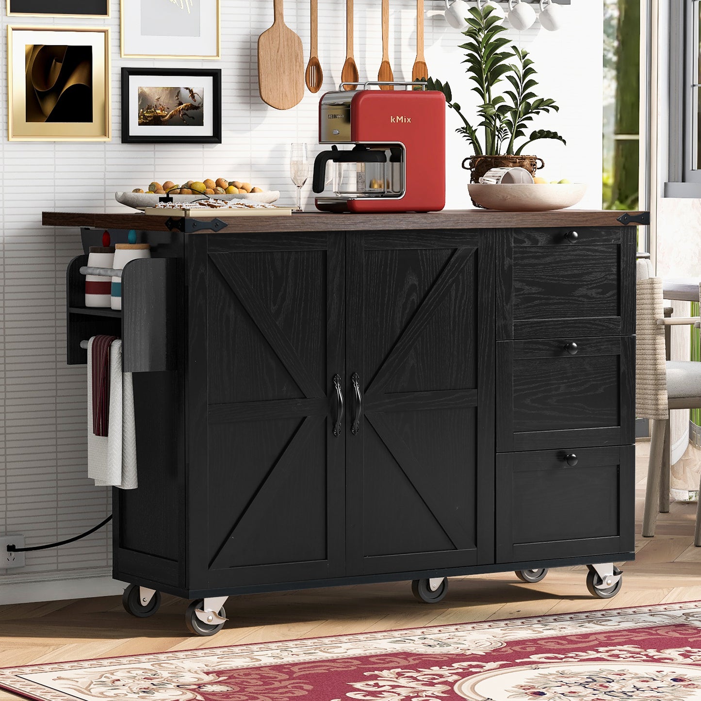 K&k 54.5' Farmhouse Kitchen Island with Power Outlet - Black - detail view 2