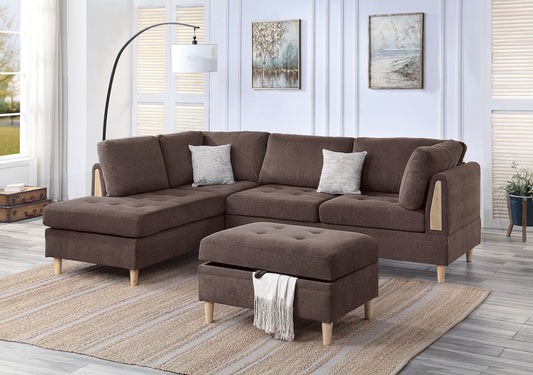 3-PCS Reversible Sectional Set Living Room Furniture Chocolate Color Chenille Couch Sofa, Reversible Chaise Ottoman - detail view 2