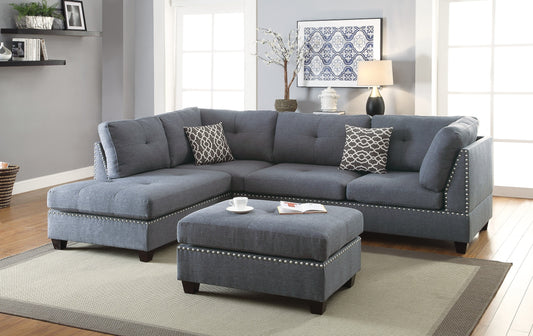 3-pcs Sectional Sofa Blue Grey Polyfiber Cushion Sofa Chaise Ottoman Reversible Couch Pillows - detail view 2