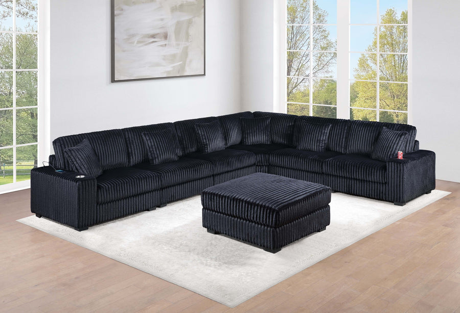 Contemporary Modern 7-PC Modular L-Sectional Sofa Set USB Cup Holder Black Corduroy Living Room Furniture Ottoman - primary color shot