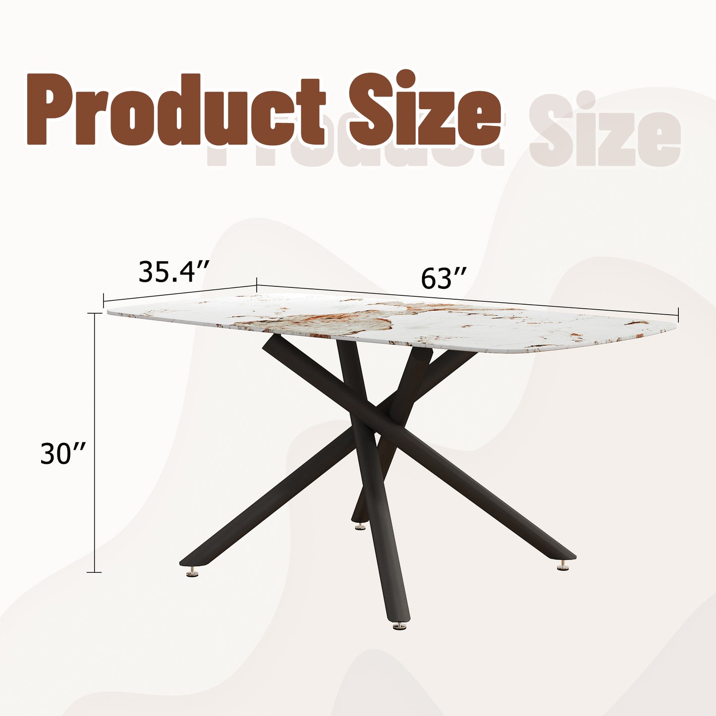 63" Luxurious White Marble-Patterned Tempered Glass Dining Table.single Fork Black Metal Table Legs.tempered Glass Table Top - detail view 4