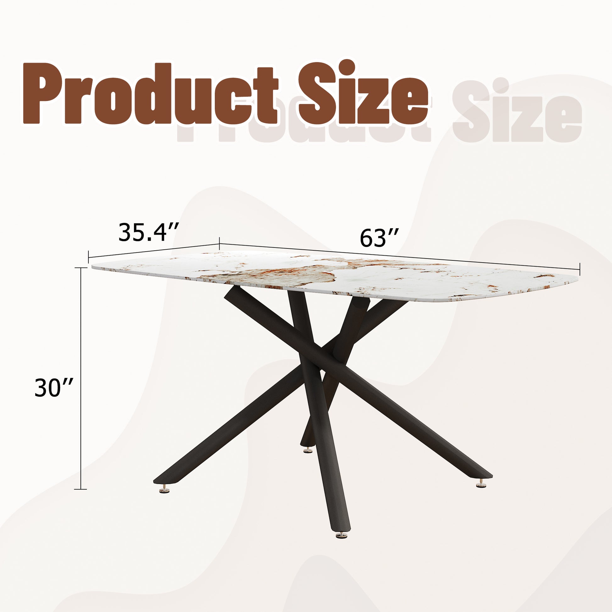 63" Luxurious White Marble-Patterned Tempered Glass Dining Table.single Fork Black Metal Table Legs.tempered Glass Table Top - detail view 4