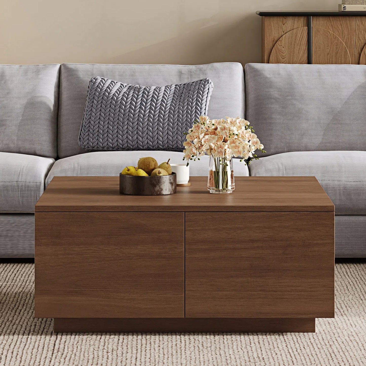 33.25' Square Coffee Table with 4 Drawers, Walnut