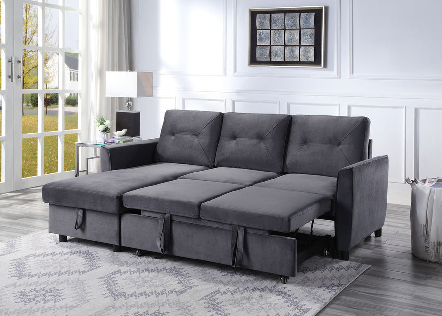 Hudson 83' Dark Gray Velvet Reversible Sleeper Sectional Sofa with Storage Chaise - primary color shot