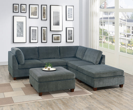 Living Room Furniture Grey Chenille Modular Sectional 6pc Set Corner L-Sectional Modern Couch 2x Corner Wedge 2x Armless Chairs and 2x Ottomans - primary color shot