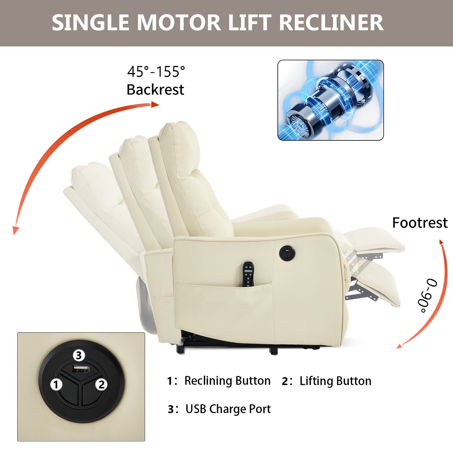 Beige PU Single Motor Power Lift Recliner Chair with Massage and Heat for Elderly - detail view 5