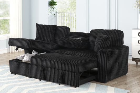 Plush Sectional Sofa W/ Pull Out Sleeper made with Velvet fabric- Black - primary color shot