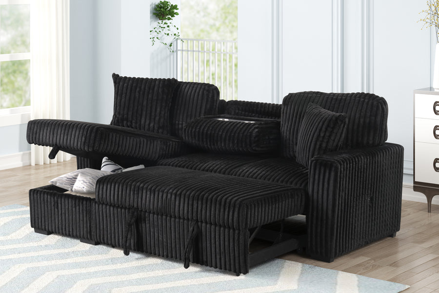 Plush Sectional Sofa W/ Pull Out Sleeper made with Velvet fabric- Black - primary color shot