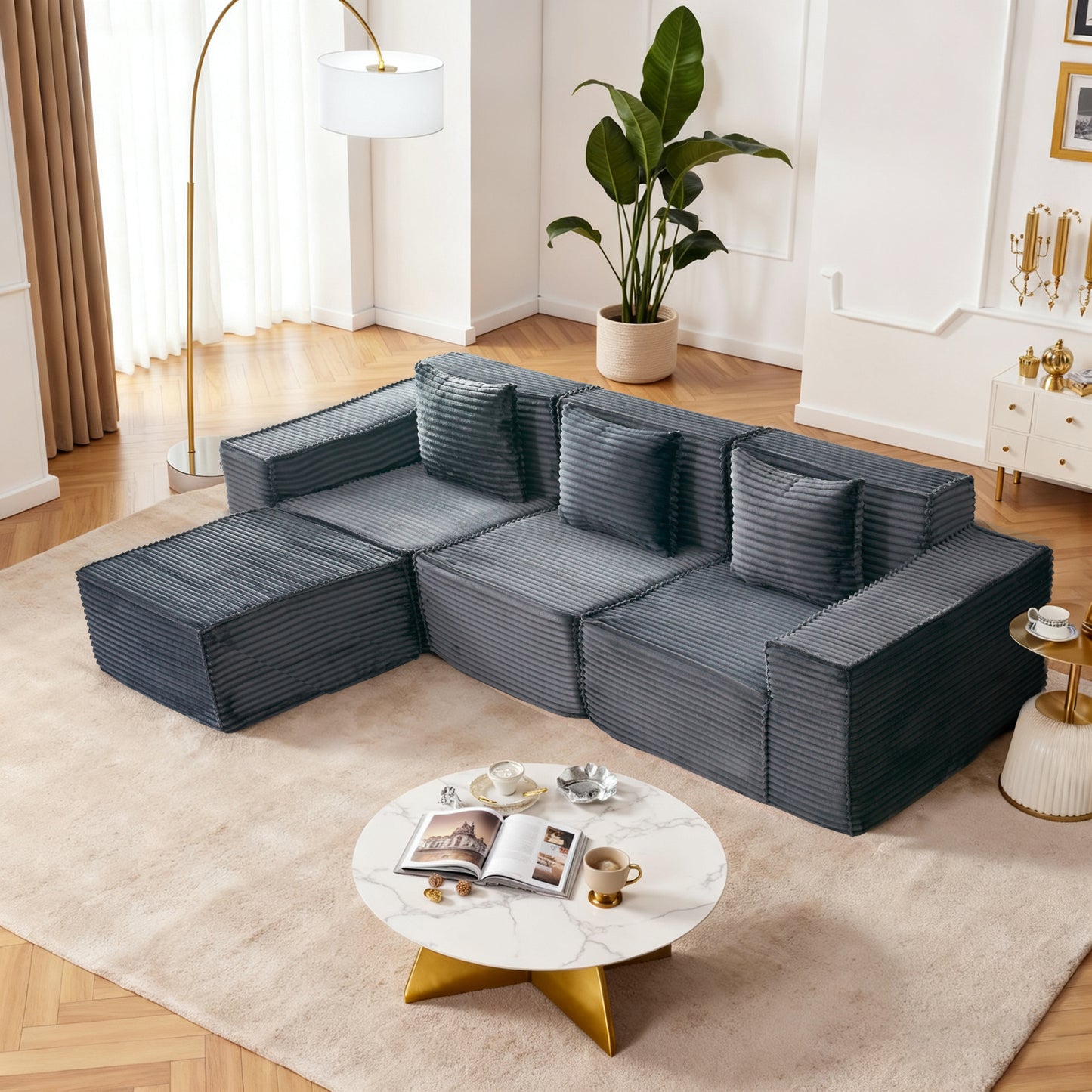 L-Shaped Modular Sectional Sofa, 3-Seater with Ottoman, Striped Corduroy Fabric, High-Density Foam For Home, Apartment, Office (Dark Gray) - detail view 2