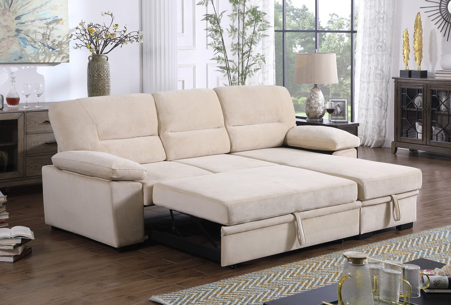 Kipling 97.5' Beige Velvet Fabric Reversible Sleeper Sectional Sofa Chaise - primary color shot