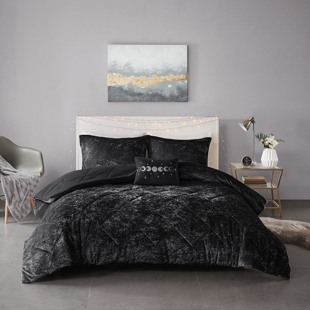 Black Velvet Comforter Set with Throw Pillow