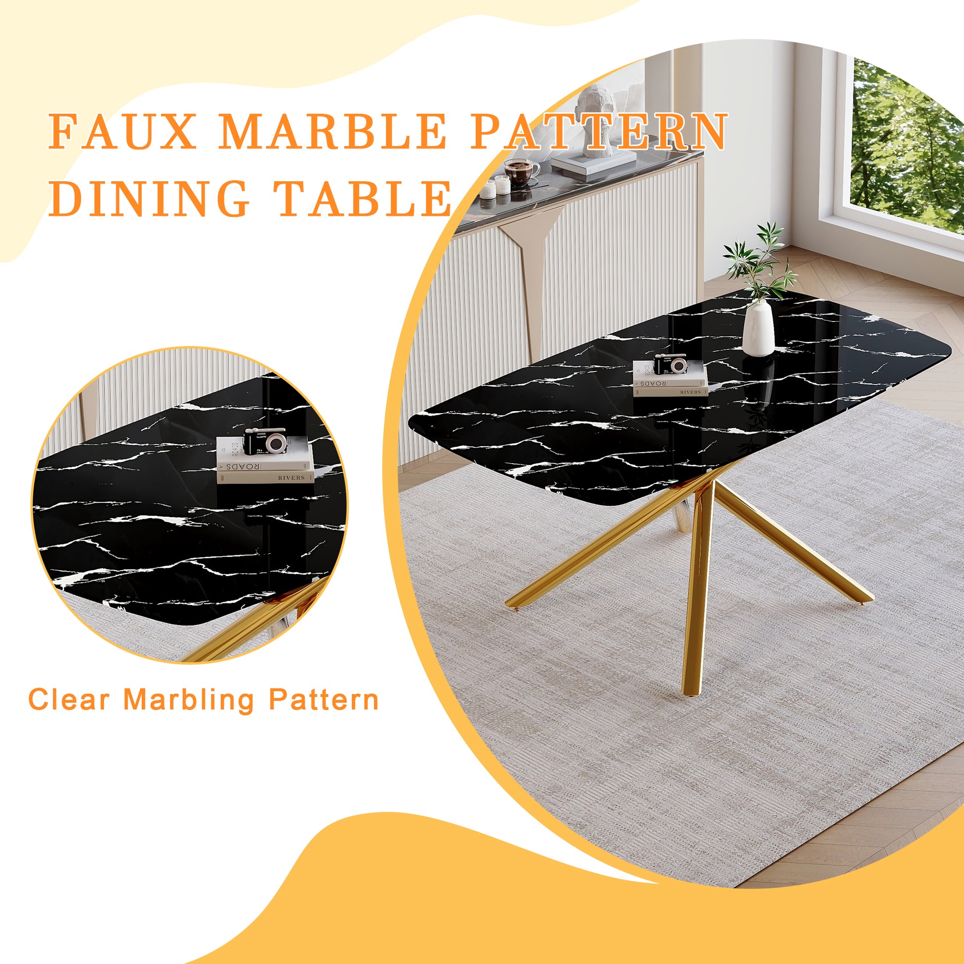63" Luxurious Black Marble-Patterned Tempered Glass Dining Table.single Fork Golden Metal Table Legs.tempered Glass Table Top - Black & Gold - detail view 6