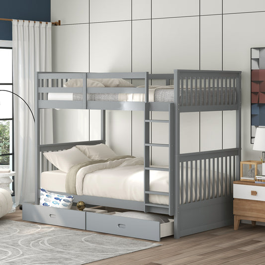 Larkspur Twin-Over-Twin Bunk Bed with Ladders and Two Storage Drawers Gray