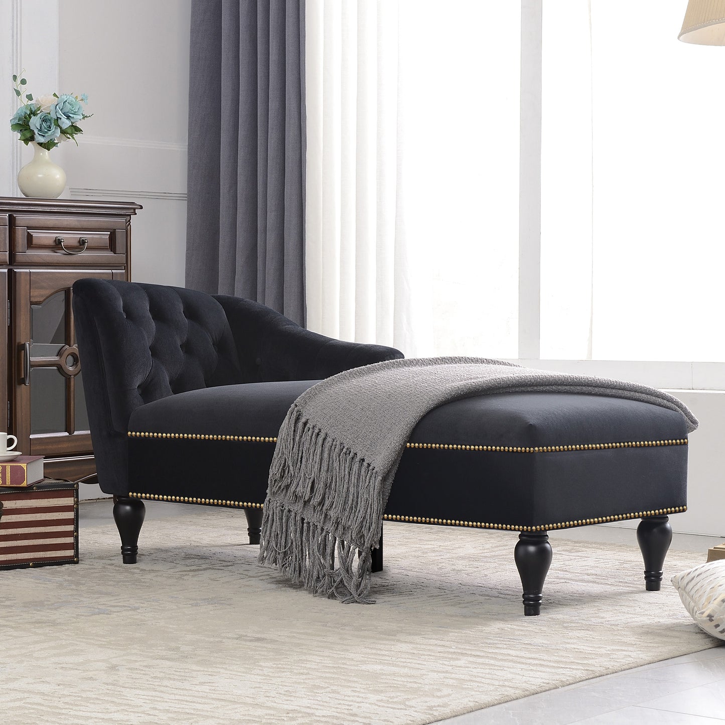 [new+video] 58"velvet Chaise Lounge - Black - detail view 3