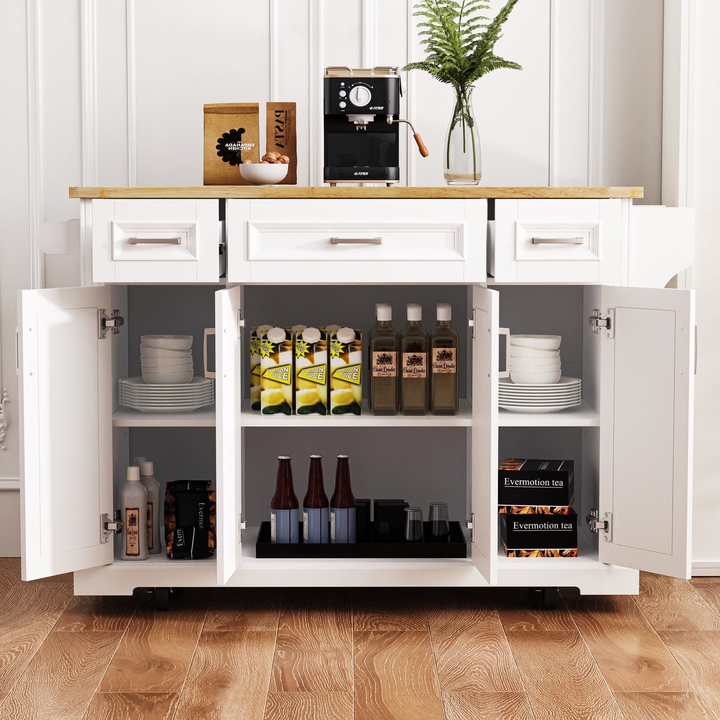 K&k 54" Large Kitchen Island with Rubber Wood Drop Leaf - White - detail view 3