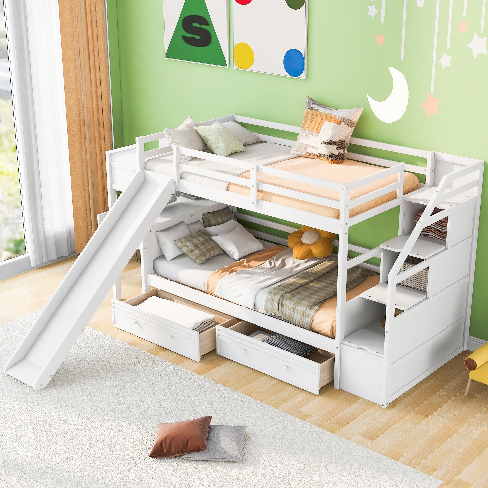 Foster Twin Bunk Bed with Desk & Slide, White