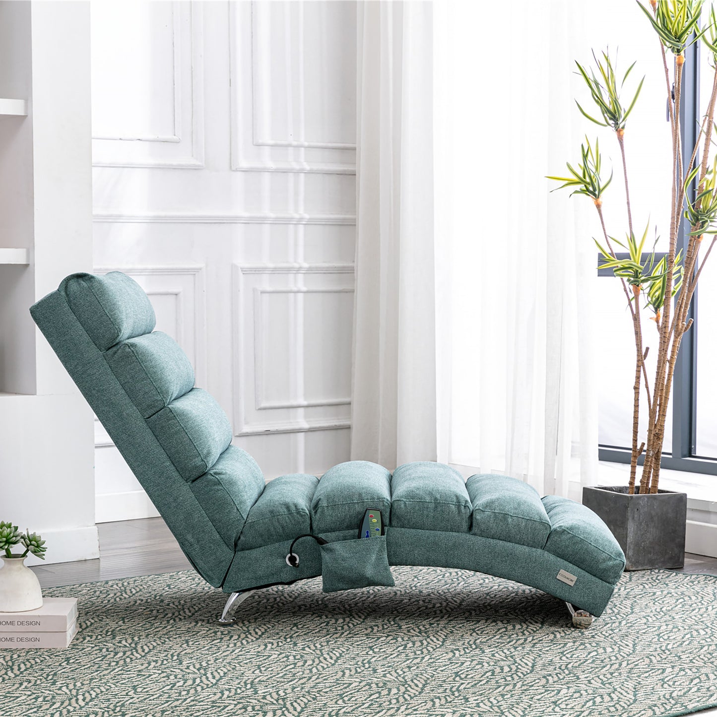 Teal Linen Chaise Lounge with Silver Legs - detail view 5